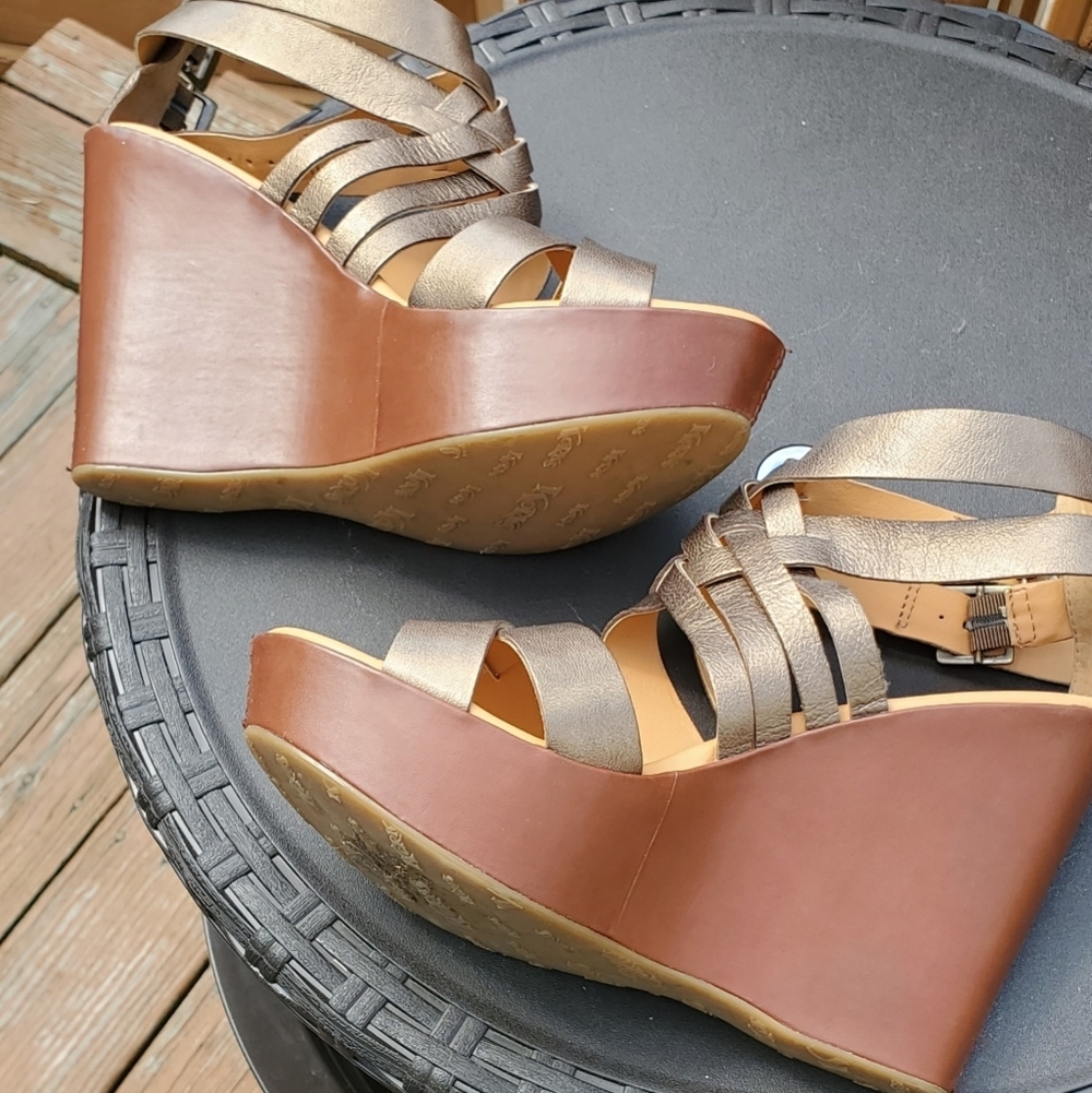 Korks Bronze Leather Ankle Cross Straps Platform Wedge Sandals Size 10 - Picture 4 of 11